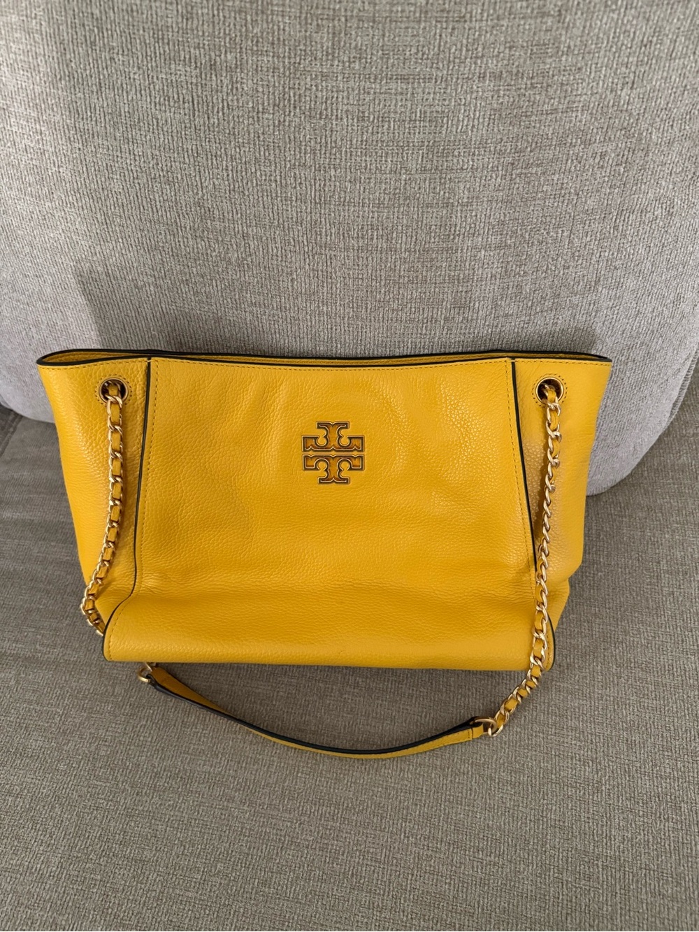 Tory Burch Bright Yellow Pebbled Leather Chain Shoulder Tote